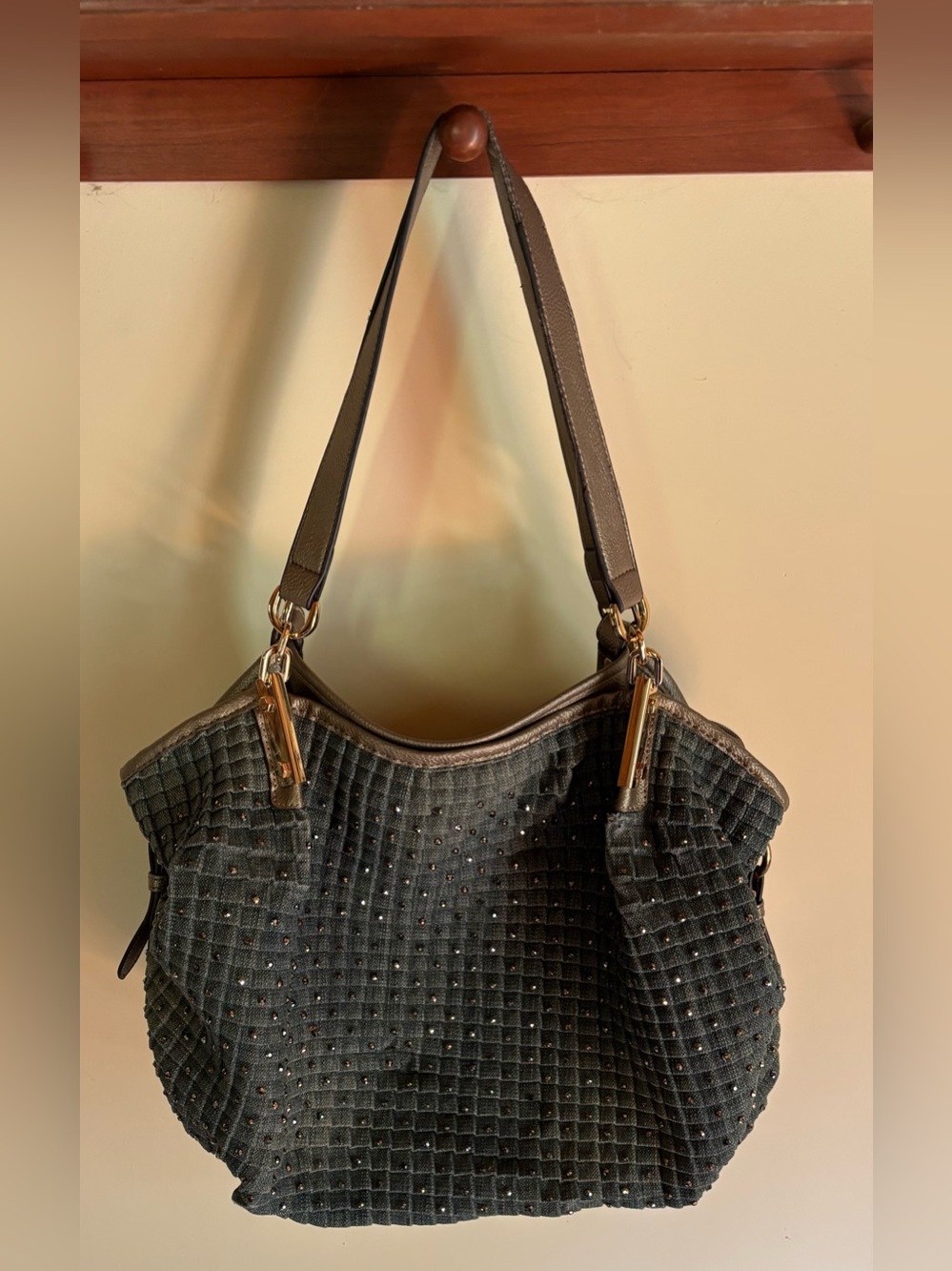 LaTique Anastasia Studded Pleated Blue Denim &Bronze Metallic Vegan Shoulder Bag